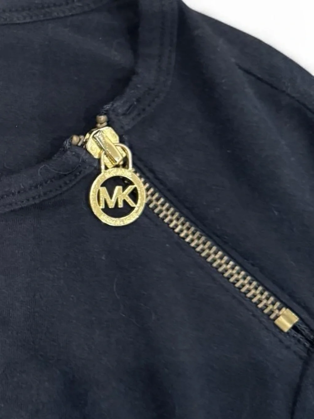 Michael Kors Black Long Sleeve Ruched Crewneck Top with Gold Zip Accent